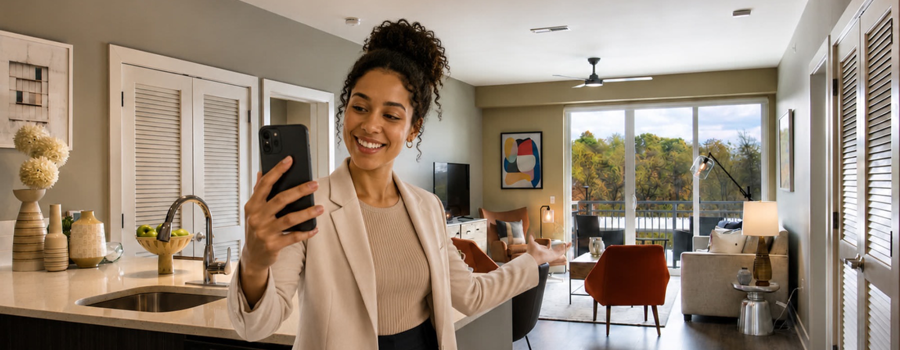 woman presents apartment interiors with her phone